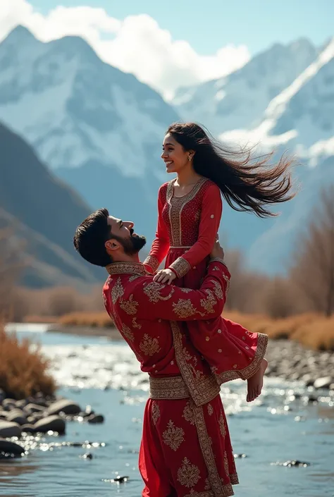 Generate a cute  with black long hair wearing an intricate punjabi style in red smiling while a man with a strong body lifting the girl body up to the air and smiling, a beautiful snowy mountain and the flowy river with small stones at the river bank as th...