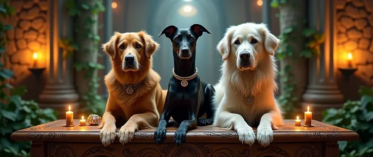 give me 3 dogs on mystical temple table from the 1800s