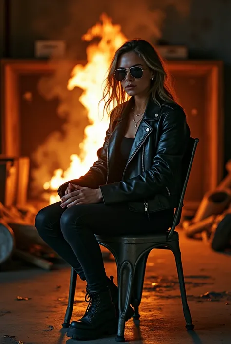 A girl wear sunglass, black jacket and sitting on chair, Fire is just behind her, garage background 