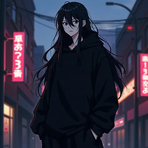 An anime character: White man with dark eyes. Her long, black hair. He wears a loose black sweatshirt and loose pants..