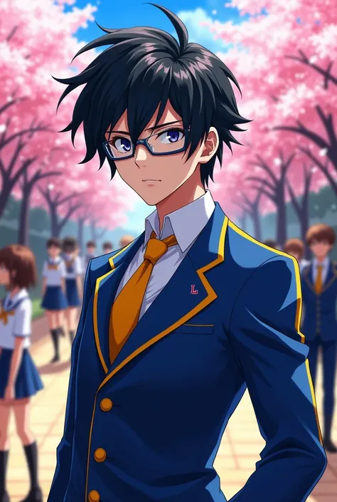 White-skinned male Aizen, Bblack hair, glasses, and blue and yellow school uniforms, in anime style.

