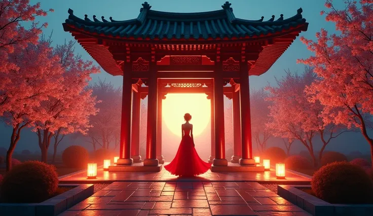 Chinese KING pavilion, at night scene , horizontal, one female red dress walking in to, 
blur effect, look grand, nice scene  

