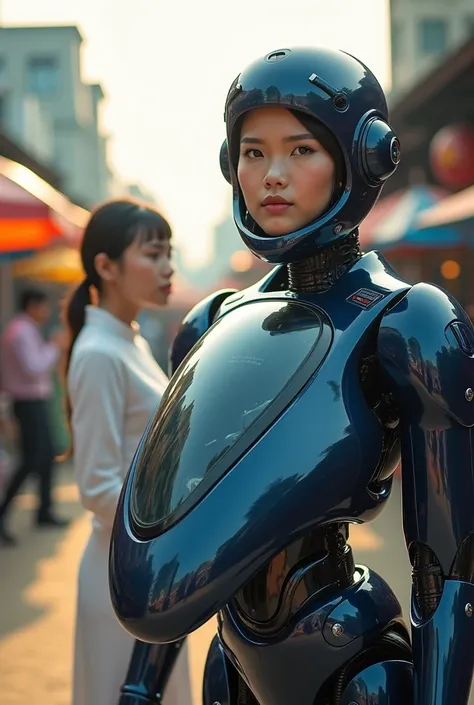 Dark Blue spaceship robot in the shape of a mackerel machine with a glass cockpit. Thai female soldier wearing a Thai dress sexy, white as a pilot. Background in the maeklong railway market, umbrellas, dynamic perspective, creative angle.