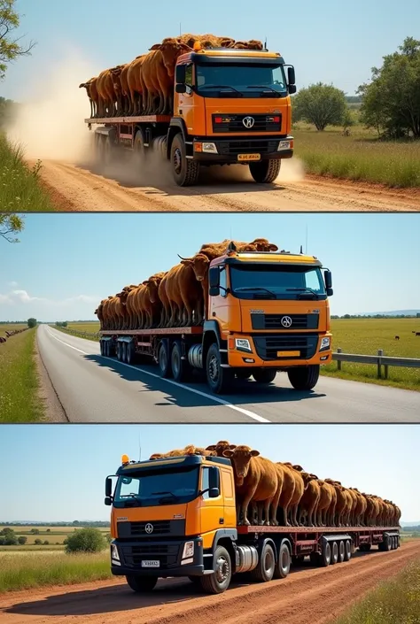 "Create a series of images of cattle trucks with the following characteristics: 1) Um caminhão toco da volkswagen, robust and vibrant, loaded with 14 fat oxen, traveling on a bumpy country road with dust and vegetation in the background. 2) A modern Scania...