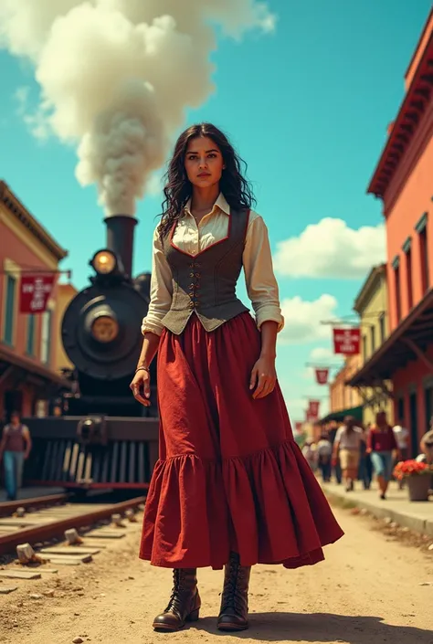 A revolutionary woman with the name Carolina below, in the middle of a town with a train in the background 