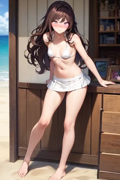 ((best quality)), ((masterpiece)), (detailed), a girl, full body, 19 years old, embarrassed face, young adult, somewhat short stature, purple eyes, brown hair, slightly wavy hair, long hair, bangs, blush, very small breasts, sexy white bikini with skirt, s...