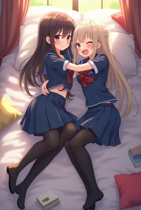 Two junior high school students wearing navy blue sailor uniforms are lying on a bed embracing each other.。
With my legs entangled、Both of them, who are in close contact with each other, have baby faces.、She has a clean and neat appearance. Her hair is lon...