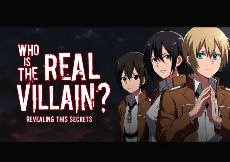 Create a YouTube thumbnail with the main text “Who is the Real Villain?” in large, eye-catching font, and “Revealing the Secrets” in smaller font below. Use a striking image from Attack on Titan featuring key characters like Eren Yeager, Zeke Yeager, and R...