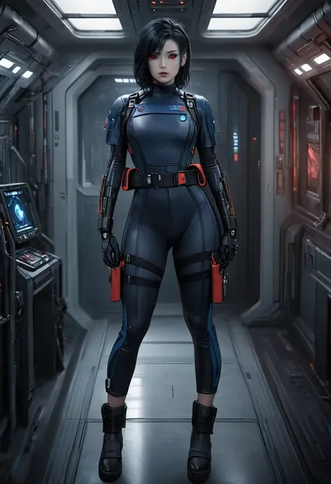 A female Chiss with deep blue skin, black hair, and red eyes, wearing a black jumpsuit, tool belt, in a full body pose, standing next to a window in the hallway of a spaceship, (best quality,4k,8k,highres,masterpiece:1.2),ultra-detailed,(realistic,photorea...