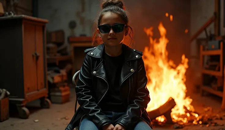 A girl wear sunglass, black jacket and sitting on chair, Fire is just behind her, garage background 