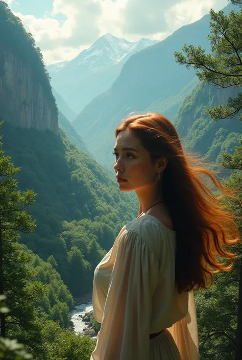 high resolution, Masterpiece, High quality, high definition, Focus on the face of a young woman, Human form, Overlooking Large forest from Back, Mountain landscape, forest, nature, river