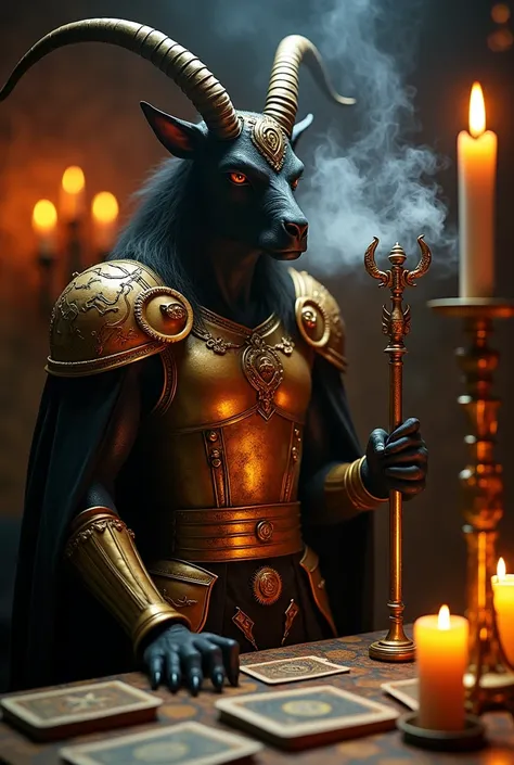 Goat Devil , tarot, smoking, Golden, candlelight! Staff! Card tarot! (Golden armor) Goat face! 8k, realist, highlights, 