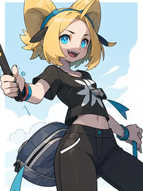 8k, wallpaper, Detailed, girl with short messy  black hair with blond inner color and blue eyes, she has sharp teeth, shes smiling, shes wearing a black and white striped shirt with black pants, pokemon style
