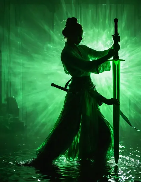 (Silhouette of a female lead dancing with sword:1.5),Green snake shadow，Anatomically correct，Glowing sword,(Movement posture),Hold the hilt of the sword，1 sword，Solitary，On the Lake，High contrast, Movie Lighting, Mysterious atmosphere,， ripple，(Splash;1.4)...