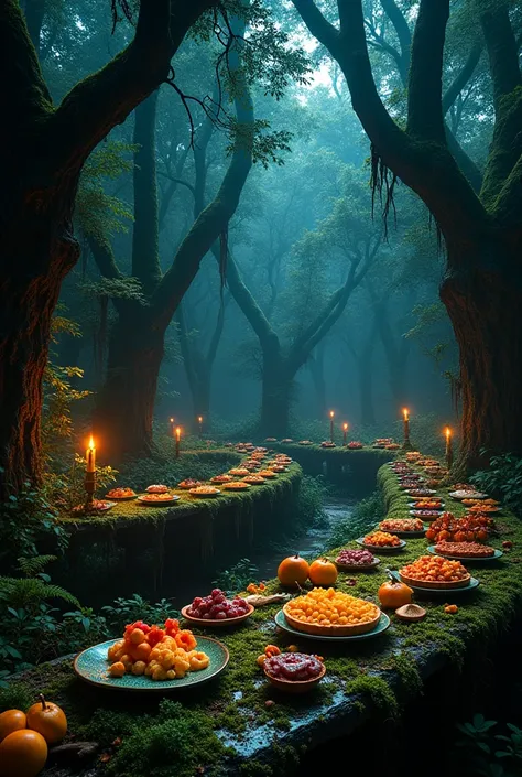 Large food room, with a dark aesthetic of a forest at night, abandoned, that is big and scary, little light and that there is colorful food and a lot of it decorated with trees. the creepy aesthetic and well decorated, creepy and scary