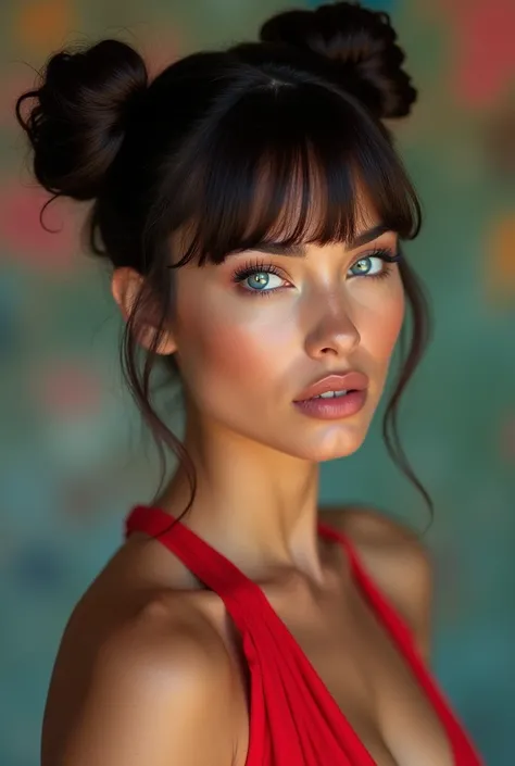 Mexican A beautiful pale-skinned Latina , eyes blue, full body, perfect body, two buns, straight bangs, (best quality,4k,8k,highres,masterpiece:1.2),ultra-detailed,(realistic,photorealistic,photo-realistic:1.37),HDR,UHD,studio lighting,ultra-fine painting,...