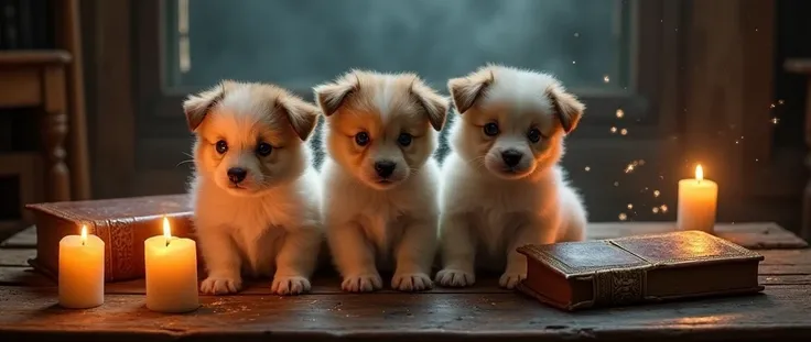 gimme 3 puppies on a 1800s mystical temple table with old books near with slightly glowing eyes 3 candles on table in the distance