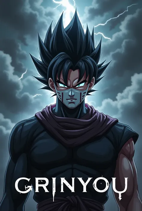 Goku black with a white anbu mask with some small red stripes that cover his entire face but you can see his hair and only his head and you write a logo with this name Grinyou. The mask has to cover his entire face but it has to be Goku black Anime
