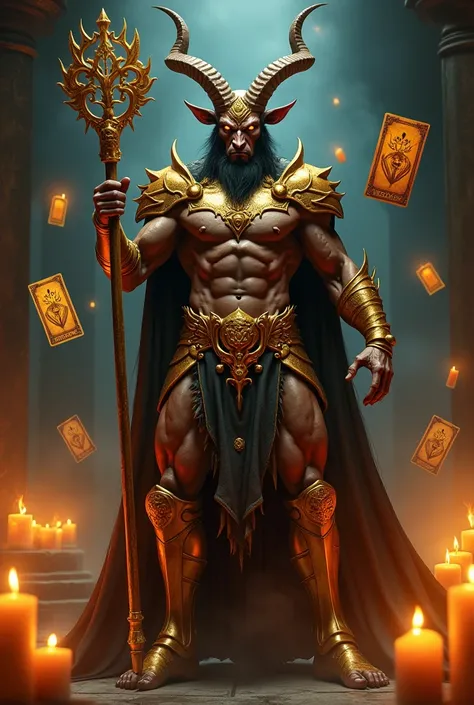 Goat Devil , tarot, smoking, Golden, candlelight! Staff! Card tarot! (Golden armor) Firme eyes! 8k, realist, highlights, bodybuilder.