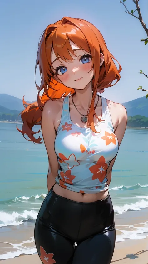 (Masterpiece, Best Quality, High Quality),(chibi), kousaka honoka, orange hair,low ponytail, blue eyes, volumetric lighting, illustration, beautiful, tight , Blushing, breasts, looking at viewer, flowers printed tank top, yoga pants,solo, curvy body,floral...