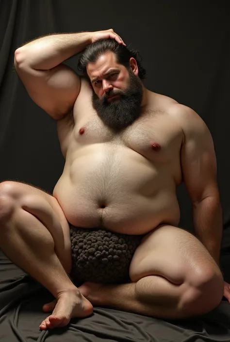 (Masterpiece, Best Quality: 1.2), muscly huge man, completely naked, huge cock, laying down, realistic, hyper realistic, one arm above head, one hand on cock, sweaty, hairy armpits, legs spread, huge cock, no pants, hairy balls, huge bulge