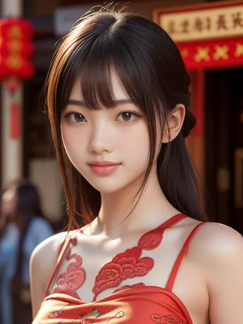 (Realistic: 1.4), (Highest quality: 1.4), Ultra-high resolution, (fine grain),((Sculpture Pose)),One Young Woman,Big Breasts,((Wearing a Chinese dress)),smile,Sunburn mark,Big eyes,Blushed,Highly detailed face and skin texture, Healthy Skin,(Chinatown),8k ...