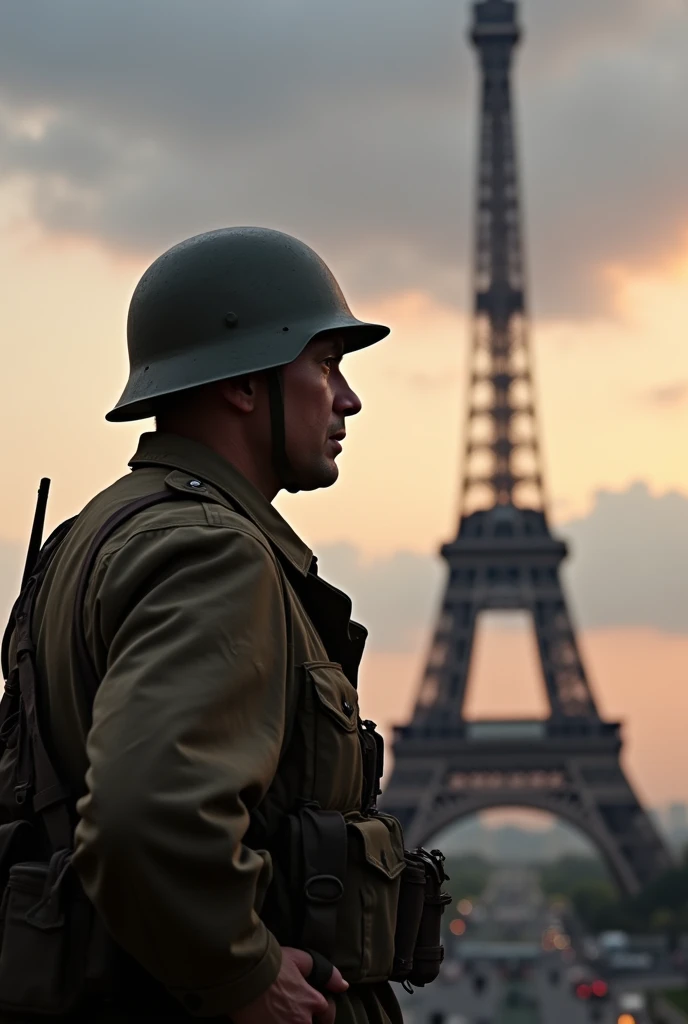 An image of a WWII soldier equipped with his helmet looking at the Eiffel Tower while the photo is taken from behind him