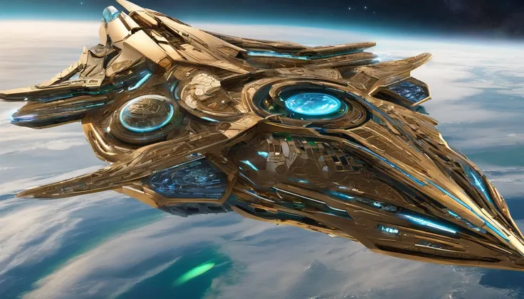 A starship,very intricate details, aesthetic.The ship is adorned + reddish gold royalistic details, green gears, levers, exact patterns, contrasting + its platinum gold body.Background has stars, ships, & gigantic Earth-type planet.750k UHD 4D. Styles of M...