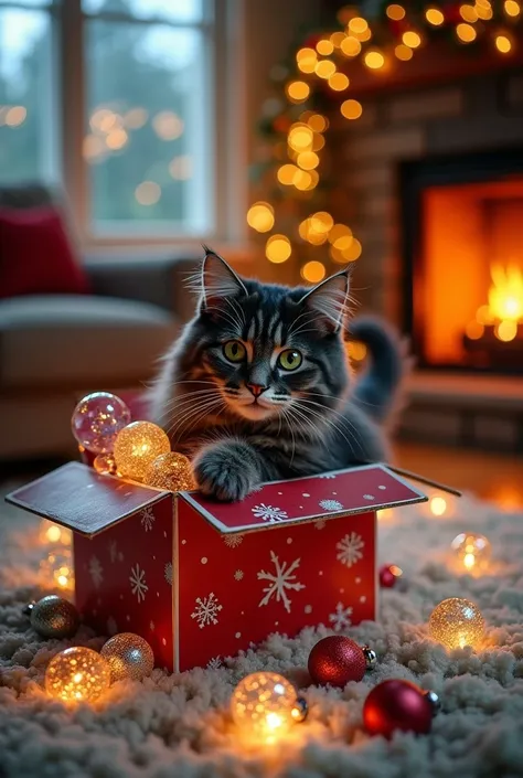 A mischievous black grey hair cat accidentally knocks over a box of holiday decorations and ends up creating a whimsical, makeshift winter wonderland in the living room.