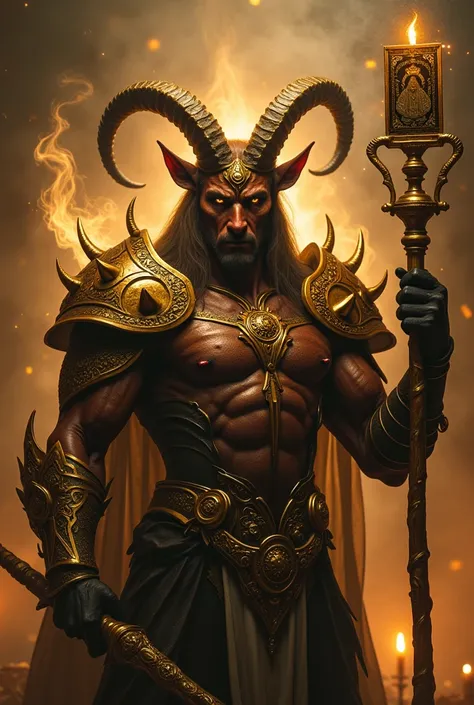 Goat Devil , tarot, smoking, Golden, candlelight! Staff! Card tarot! (Golden armor) Firme eyes! 8k, realist, highlights, bodybuilder.(Drink)