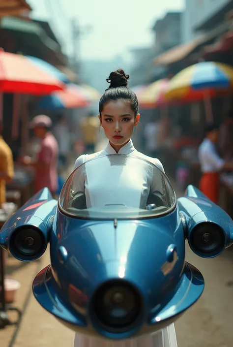 Dark Blue spaceship robot in the shape of a mackerel machine with a glass cockpit. Thai female soldier wearing a Thai dress sexy, white as a pilot. Background in the maeklong railway market, umbrellas, dynamic perspective, creative angle.