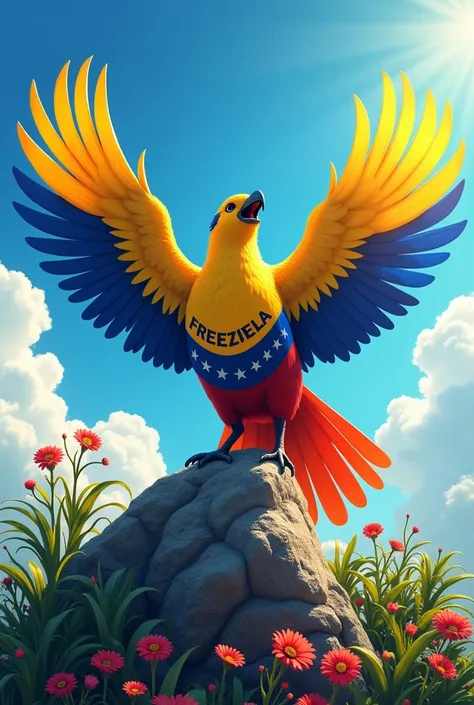 bird of peace, in the colors of the Venezuelan flag, shouting the word freedom 