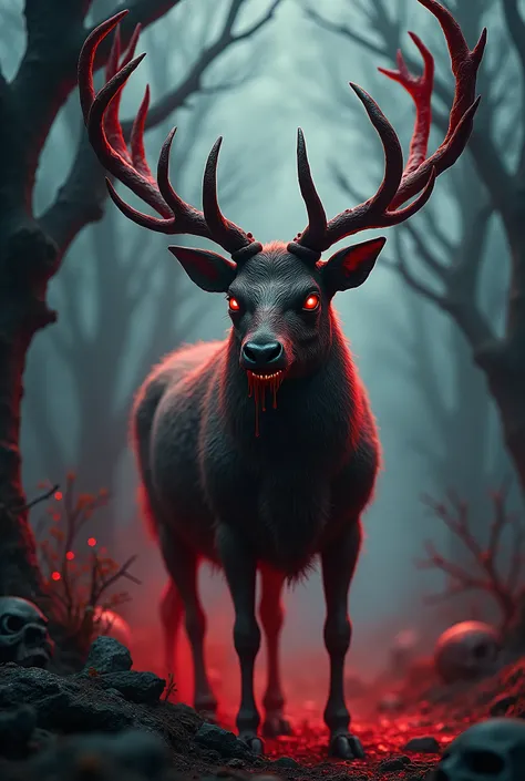 bestial reindeer,christmas reindeer,dark and eerie atmosphere,blood-red eyes,creepy antlers,bloody snout,sharp fangs,demonic presence,terrifying expression,menacing posture,ominous shadows,skull-like features,evil grin,frightening silhouette,chilling prese...