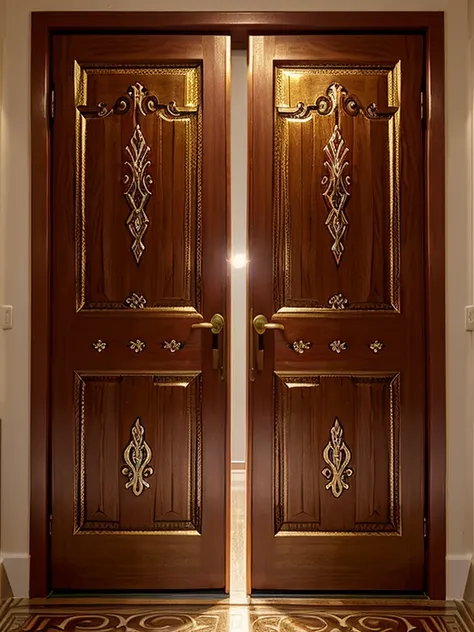 (rectangular wooden door models in bright red color)(front view),(with golden metal handle),(in Christmas and realistic style),(with relief arabesques)