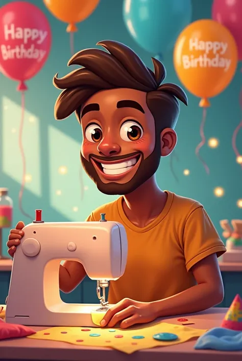 Cartoon man with cinnamon skin, straight hair, dark brown eyes, sitting at a sewing machine with a happy birthday balloon decoration in the background 