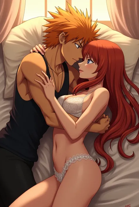 Real human photography of Kurosaki ichigo and big breasts orihime inoue in underwear make love on bed, realistic photography, real human,