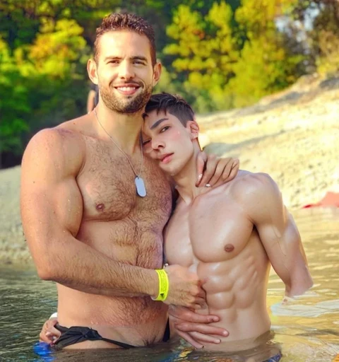 add another effeminate shirtless gay man who is very thin, Hugged together, Whole body