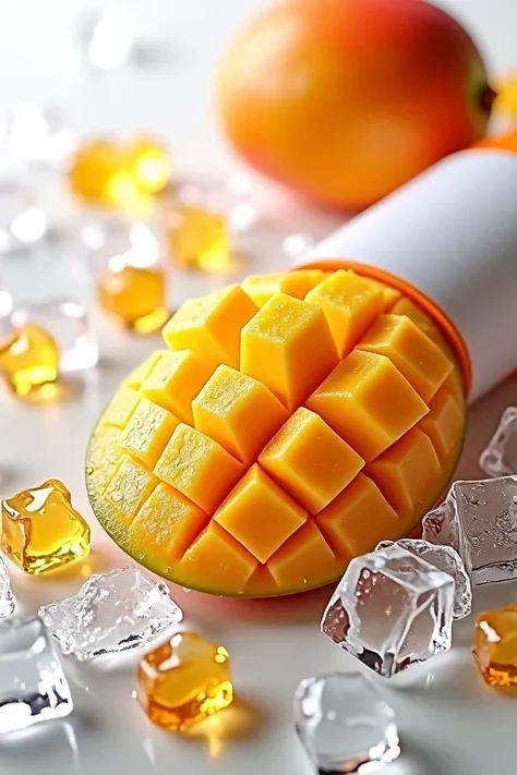 A microscopic depiction of a mango product, a package next to it, and pieces of soft ice scattered with water covering the bottle with magical touches, an isolated white background, white label on bottle, very realistic, ultra hd, 8k, detailed