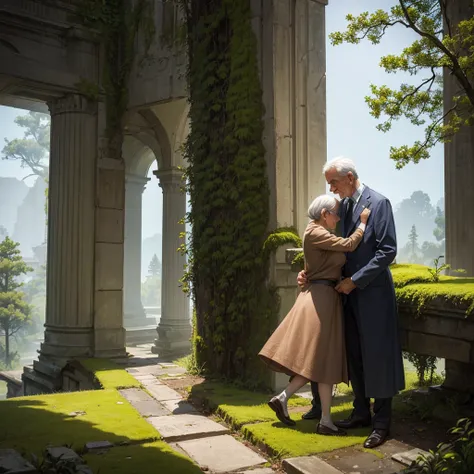 An old man and an old woman hugging each other at a grand abandoned monument covered in moss. Pay attention to your arms, in the previous image there were four.