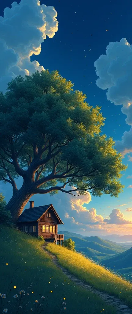 masterpiece!!!! 8k an anime GHIBLI STYLE cabin!!!!! The image shows a serene night scene of a house under a tree, clouds, hills, majestic billowing clouds, blue, golden lighting, anime 8k l, fireflies, grass, night, golden leaves, anime style, ghibli, unde...