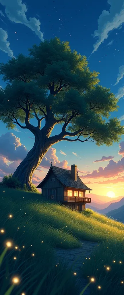 masterpiece!!!! 8k an anime GHIBLI STYLE cabin!!!!! The image shows a serene night scene of a house under a tree, clouds, hills, majestic billowing clouds, blue, golden lighting, anime 8k l, fireflies, grass, night, golden leaves, anime style, ghibli, unde...