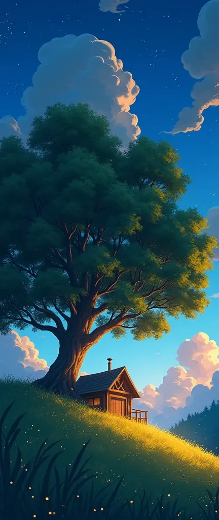 masterpiece!!!! 8k an anime GHIBLI STYLE cabin!!!!! The image shows a serene night scene of a house under a tree, clouds, hills, majestic billowing clouds, blue, golden lighting, anime 8k l, fireflies, grass, night, golden leaves, anime style, ghibli, unde...