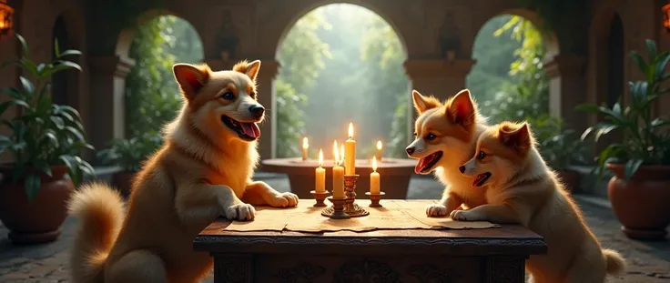 give me a dog daddy and mommy playing with their 3 children at a mystical temple table from the 1800s with old books nearby with their eyes glowing slightly 3 candles on the table in the distance