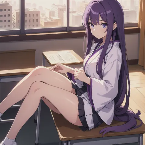 1 Girl, Long midnight purple hair, Golden light eyes, Sitting in the classroom, White modern school, Japanese cartoons