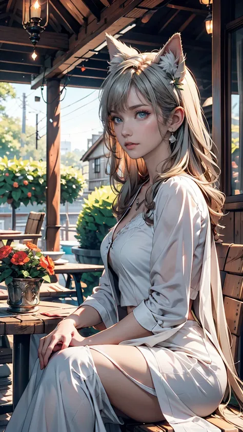 masterpiece, Highest quality,Very detailed,Hyper Details, cinematic Light,, One person, alone, sit, Outdoor, Summer House, sitting in the Summer House,  plant, table, chandelier, Candles, Wind, Green Eyes, Pangreen silver hair, short hair, animal_ears, ani...