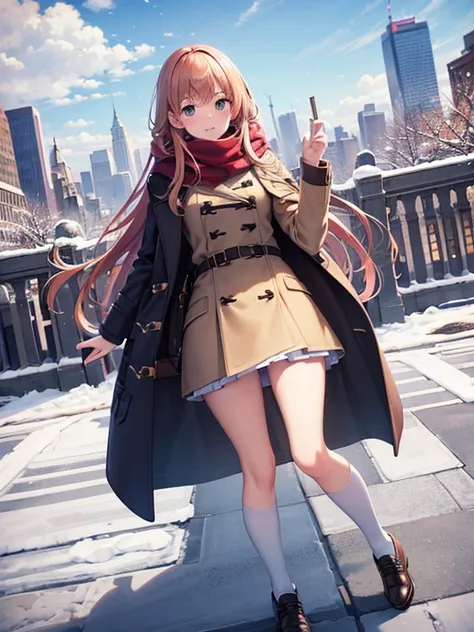 (Highest quality), (masterpiece), (Ultra-high resolution), whole body, One Teenage Woman, Strawberry Blonde, long, mini skirt, Knee-high socks, Duffle coat , Winter scarf, City, winter, ((It&#39;s snowing)), (illumination), ((night))