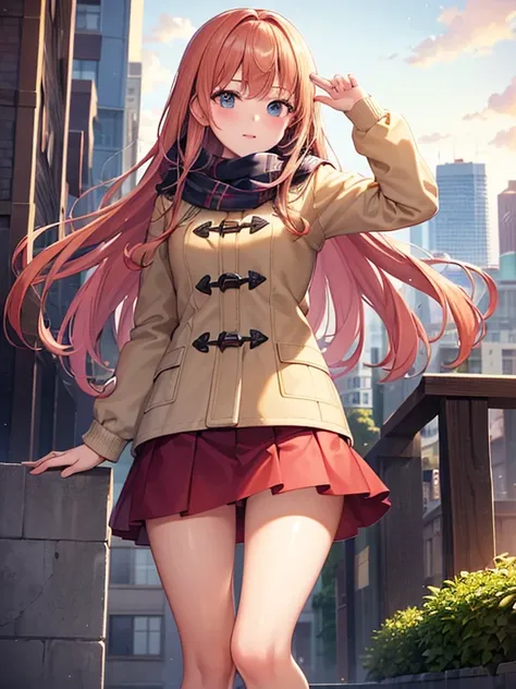 (Highest quality), (masterpiece), (Ultra-high resolution), whole body, One Teenage Woman, Strawberry Blonde, long, mini skirt, Knee-high socks, Duffle coat , Winter scarf, City, winter, ((It&#39;s snowing)), (illumination), ((night))