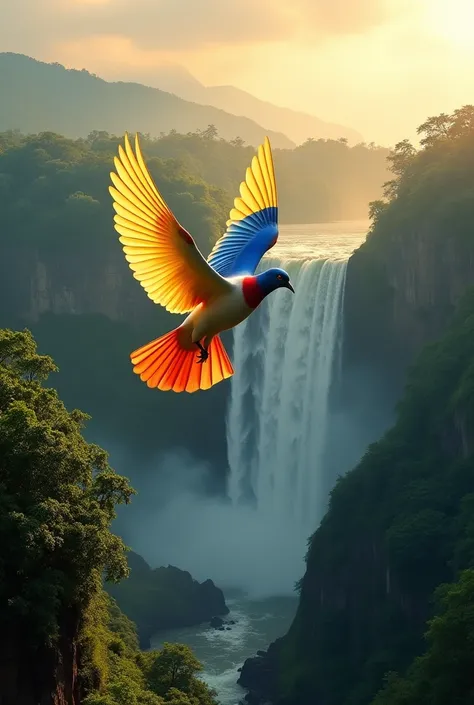 Dove with the colors of the Venezuelan flag flying over Angel Falls 