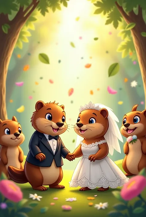 Draw two beavers getting married with guests in cartoon style as a drawing  
