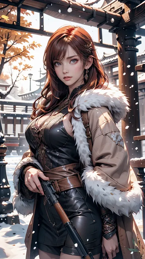 hunting girl with rifle in combat pose in snow,oriental,blade and soul,ink style,long red hair,leather and fur coats,cold,artwor...